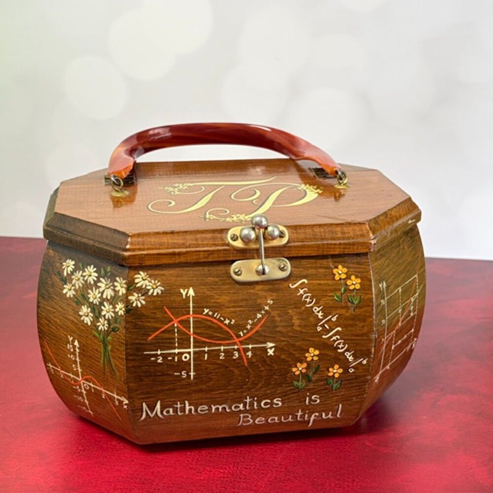 VTG Hand Painted Wood Box Purse Mathematics STEM Floral Mirror Signed Folk Art